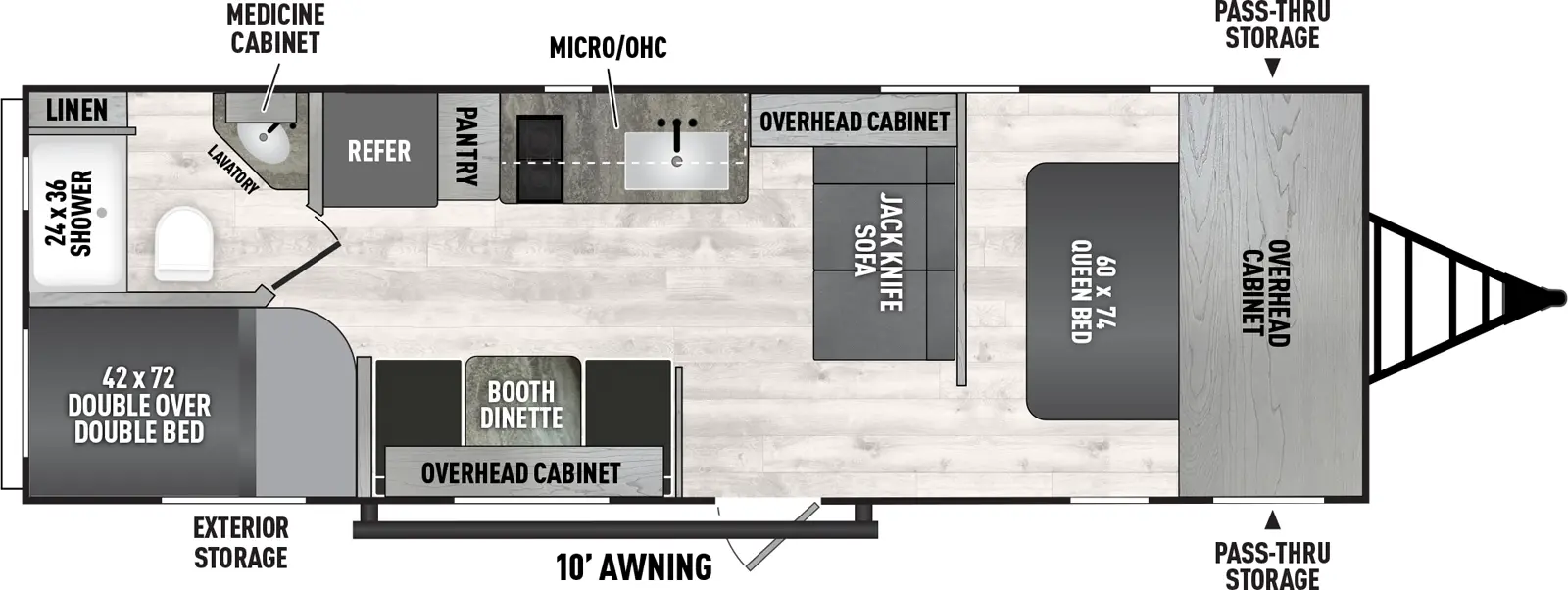The 26BH has zero slideouts and one entry. Exterior features front pass-through storage, and 10 foot awning. Interior layout front to back: foot-facing queen bed with overhead cabinet; jacknife sofa along inner wall with off-door side overhead cabinet; door side entry, and booth dinette with overhead cabinet; off-door side kitchen counter with sink and cooktop, overhead cabinet and microwave, pantry and refrigerator; rear off-door side full bathroom with linen closet and medicine cabinet; rear door side double over double bed.